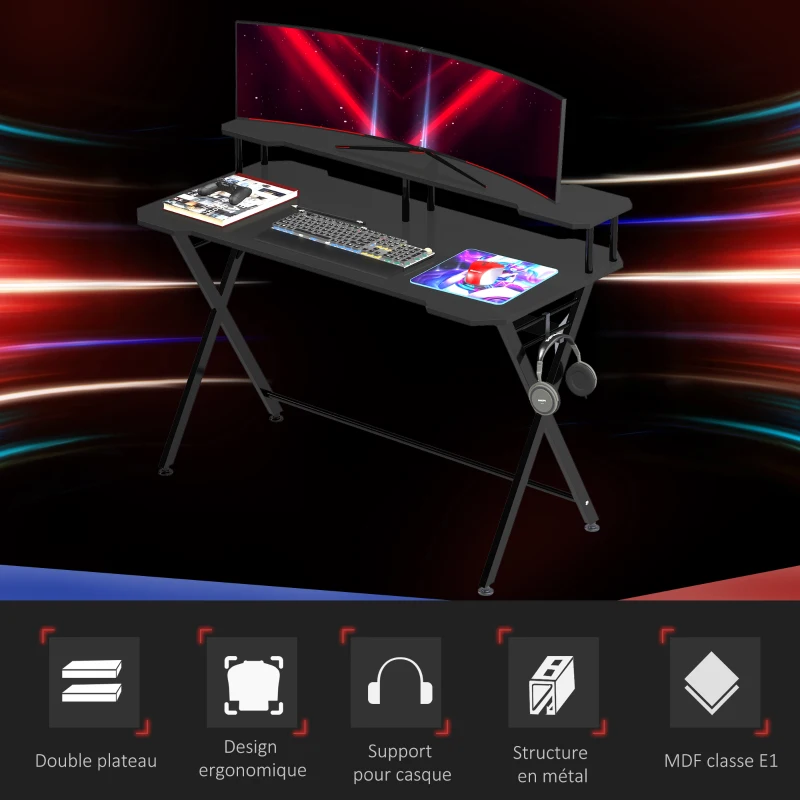HOMCOM Bureau gaming bureau gamer bureau informatique bracket casque grand plateau MDF + étagère écran châssis métal noir