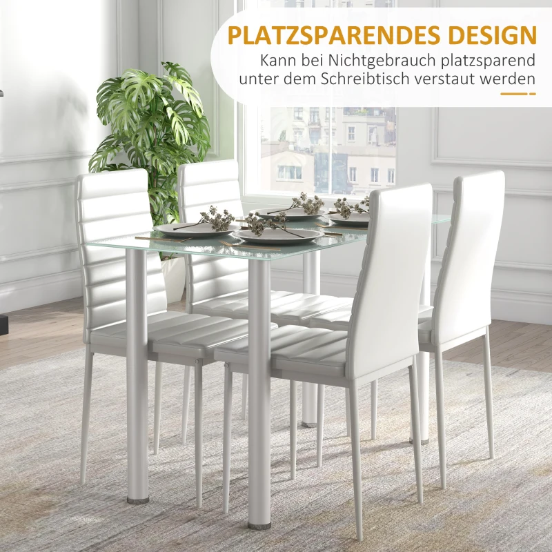 HOMCOM 5-delige Eetkamerset met Eettafel en 4 Stoelen, Modern Design, Glazen Tafel, Wit