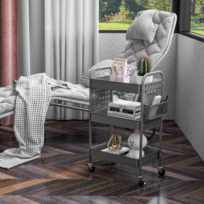 HOMCOM Keukenwagen met 3 planken, 4 wielen, 53,5 cm x 30,5 cm x 75 cm, Grijs