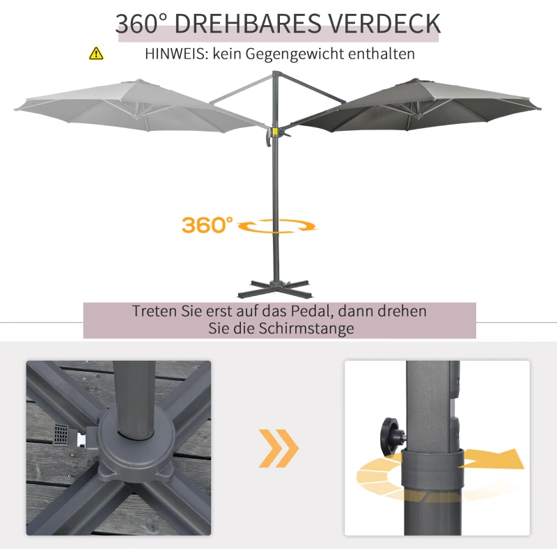 Outsunny Parasol przeciwsłoneczny z ramieniem, w zestawie z podstawą krzyżową, odporny na warunki atmosferyczne, 294 cm x 248 cm, Szary