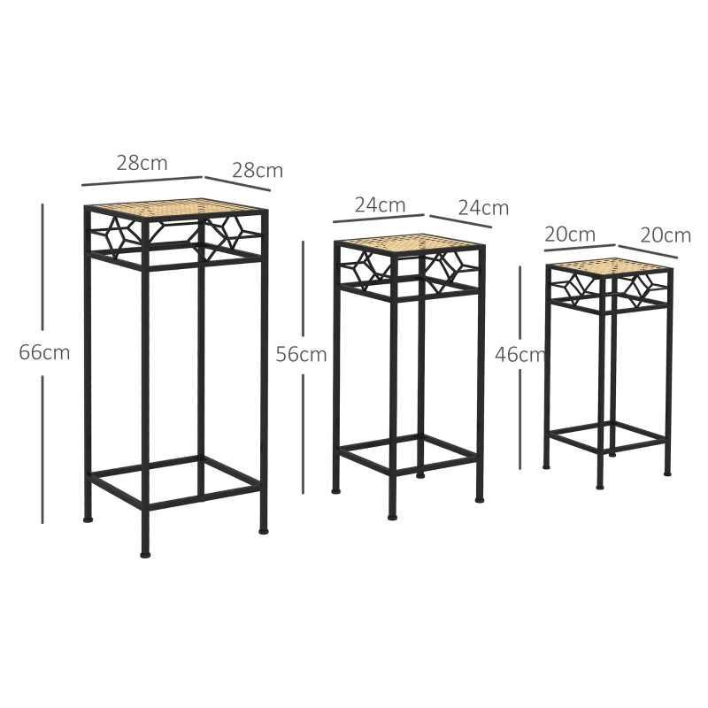 Outsunny Bloemenstandaard, set van 3, rond, stapelbaar, rotanlook, metalen poten, voor binnen en buiten, zwart/goud