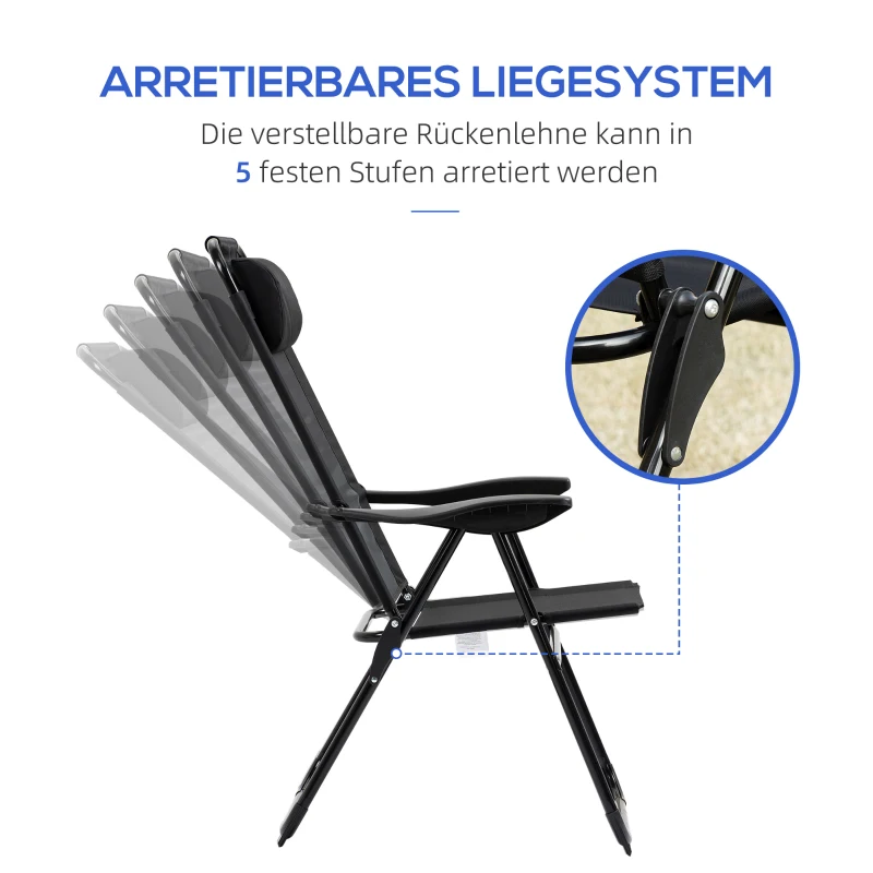 Outsunny Set van 2 Opvouwbare Ligstoelen, Weerbestendig, 5-voudig Verstelbare Rugleuning, Metalen Frame, Zwart
