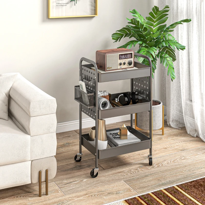 HOMCOM Keukenwagen met 3 planken, 4 wielen, 53,5 cm x 30,5 cm x 75 cm, Grijs