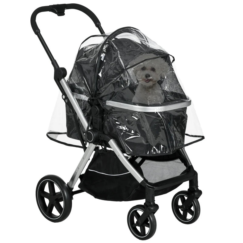 PawHut wózek dla psa z osłoną przeciwdeszczową, wózek dla zwierząt, wózek dla kota ze smyczami bezpieczeństwa, wózek dla małego psa, czarny, 84 x 58 x 110 cm