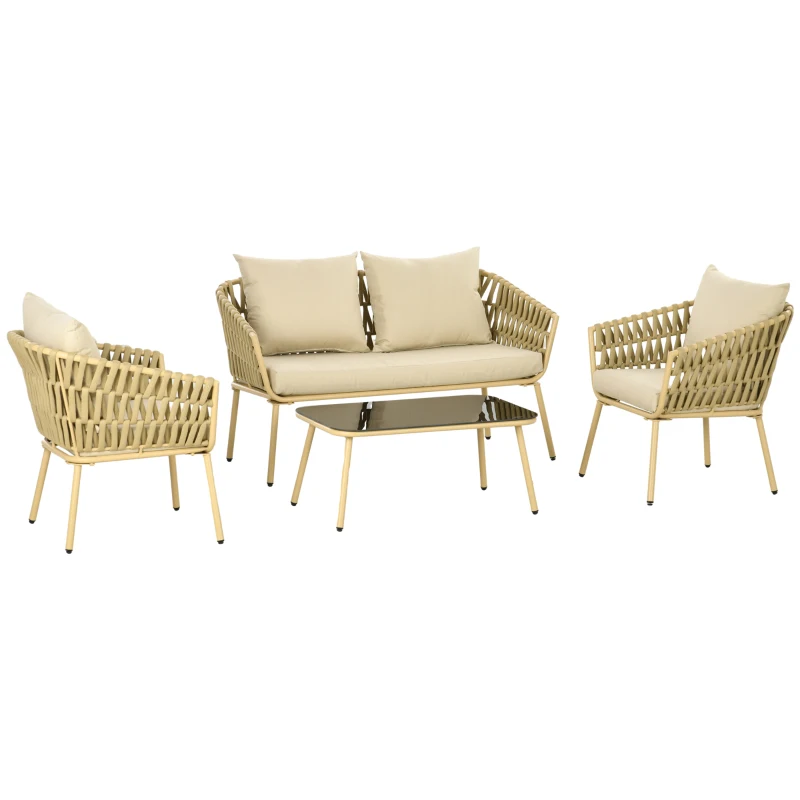Outsunny Tuinmeubelset, 4-delig, decoratief rattandesign, tafel met glazen blad, inclusief zitkussen, weerbestendig, Khaki