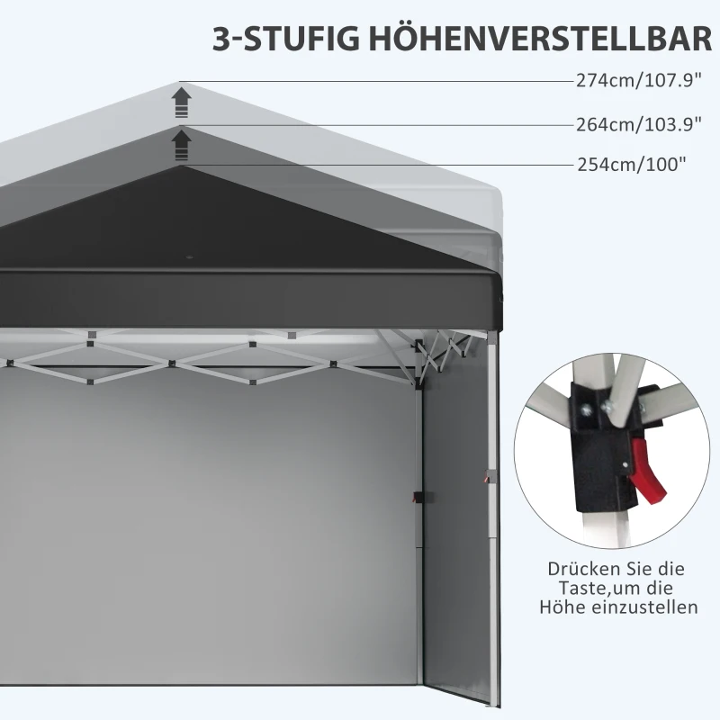 Outsunny Opvouwbare paviljoen met 2 zijwanden, verstelbare hoogte, inclusief draagtas, roestvrij stalen frame, 3x3 m, Zwart