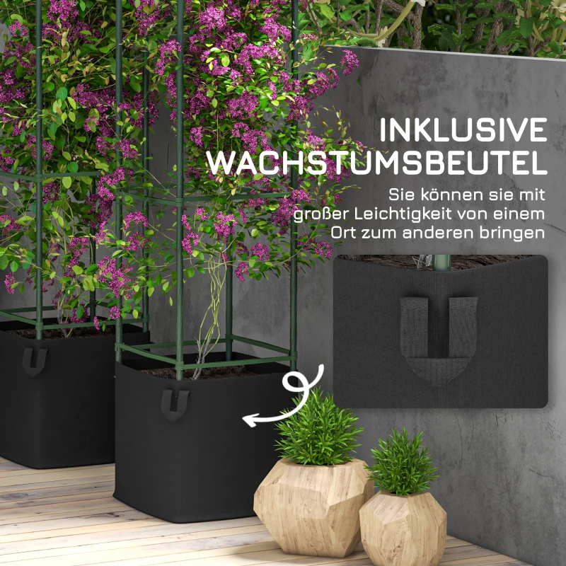 Outsunny Podpora dla roślin 2 szt, Siatka do pnączy z workiem do sadzenia, siatka kwiatowa, szpaler, rusztowanie do roślin, klatka na pomidory, stal, zielony, 33 x 33 x 180 cm