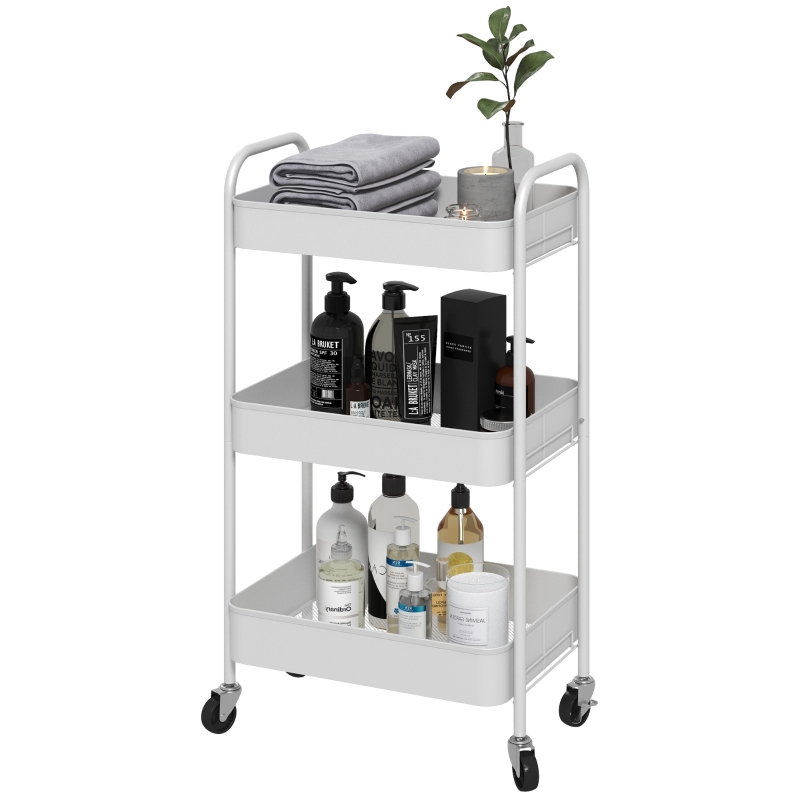 HOMCOM Multi-purpose Trolley Kitchen Cart, 3 Shelves, 4 Wheels, 45 cm x 30.6 cm x 79 cm, White