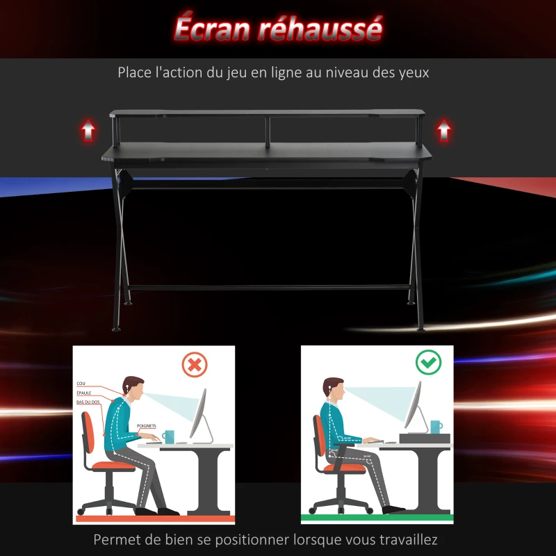 HOMCOM Bureau gaming bureau gamer bureau informatique bracket casque grand plateau MDF + étagère écran châssis métal noir