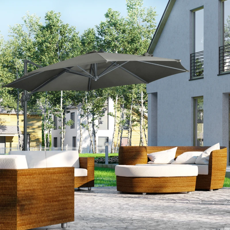 Outsunny Parasol przeciwsłoneczny z ramieniem, w zestawie z podstawą krzyżową, odporny na warunki atmosferyczne, 294 cm x 248 cm, Szary