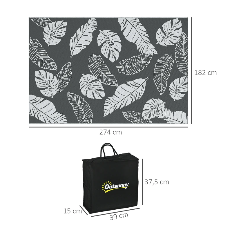 Outsunny Waterdicht Buitentapijt met Bladerpatroon - 182x274cm - Grijs/Wit