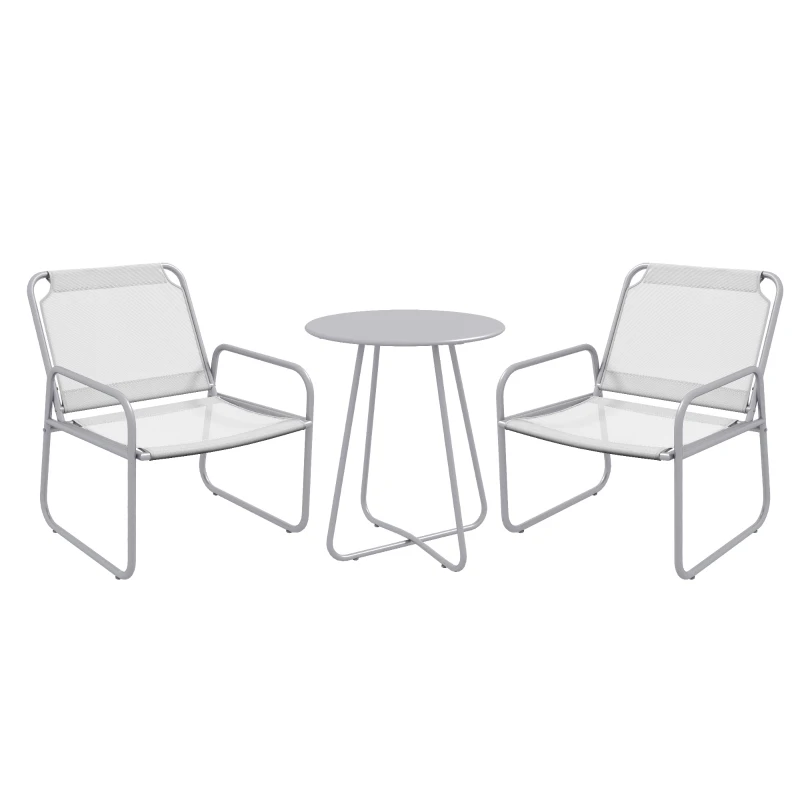 Outsunny 3-delige tuinmeubelset, 2 stoelen met ademende stoffen bekleding, 1 ronde tafel Ø60 cm, Lichtgrijs