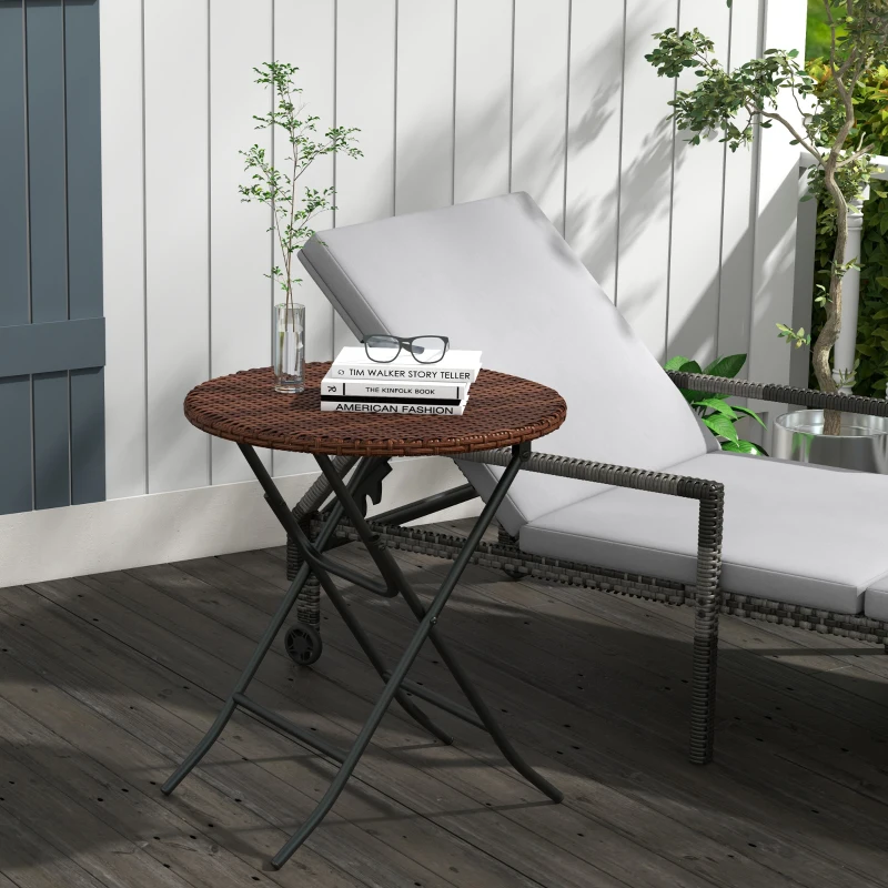 Outsunny Foldable PE Rattan Outdoor Coffee Table, Metal Frame Wicker Round Side Table, Coffee Table Side Table for Lawn, Garden, Mixed Brown