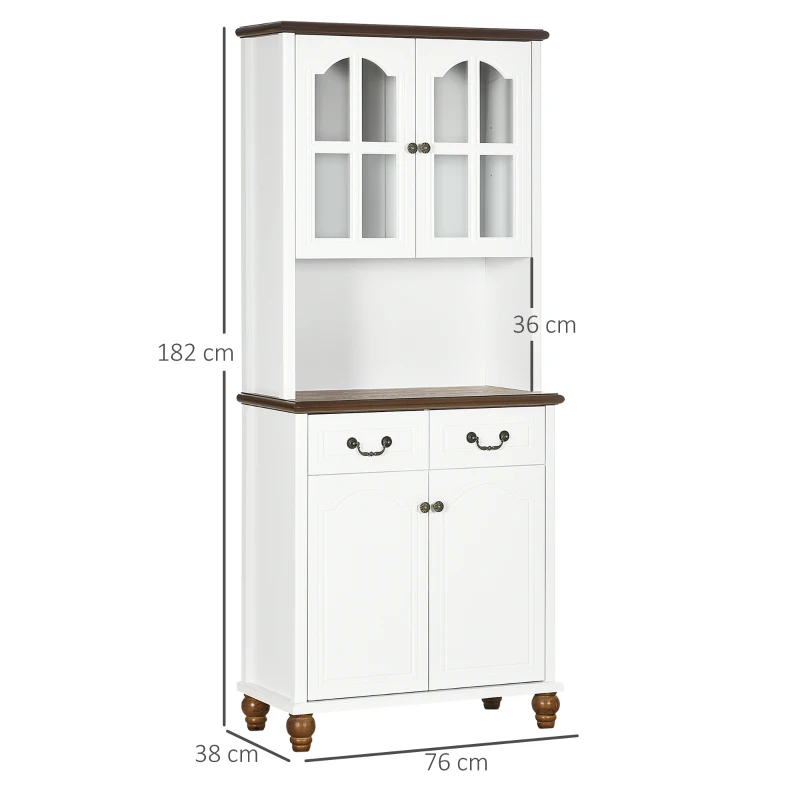 HOMCOM Szafka kuchenna z 2 szufladami, wysoki szafką z otwartą półką, szafka z witryną i funkcją Soft-Close do salonu, kuchni, 76 x 38 x 182 cm, biały(m-3)
