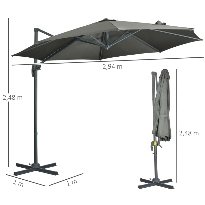 Outsunny Parasol przeciwsłoneczny z ramieniem, w zestawie z podstawą krzyżową, odporny na warunki atmosferyczne, 294 cm x 248 cm, Szary