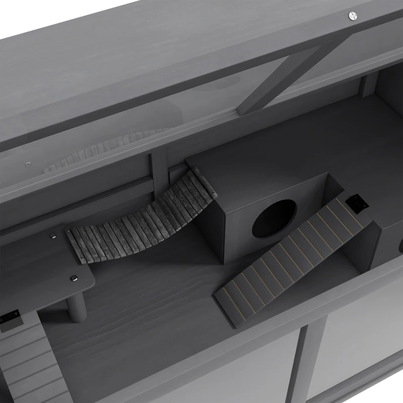 PawHut Klatka dla małych zwierząt z drewna, 100cm Domek dla gryzoni, Klatka dla małych zwierząt, Domek z huśtawką, Drabinki, Otwierany dach, Chatka, Ciemnoszary