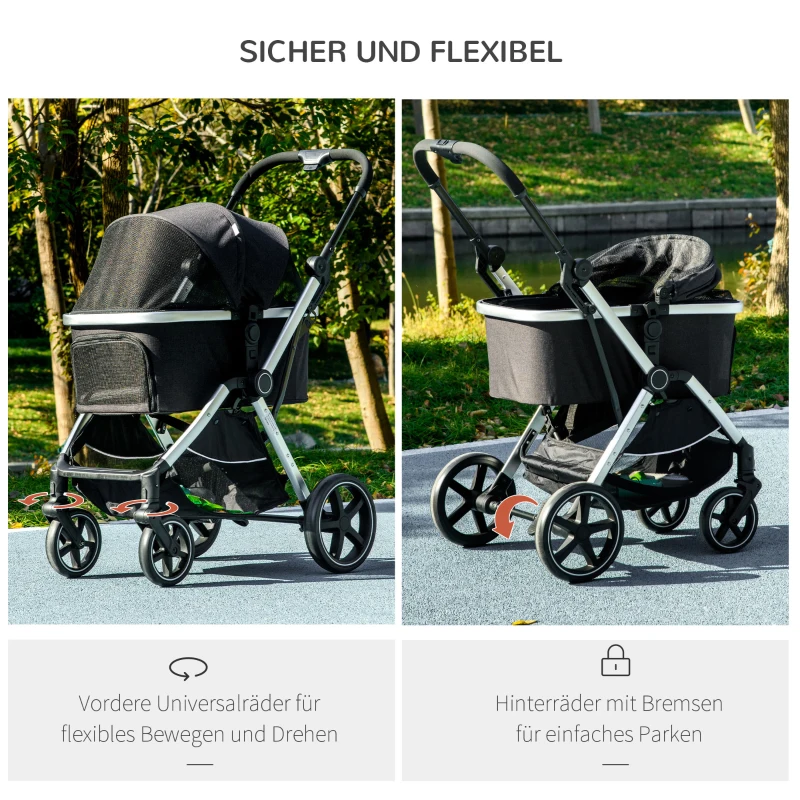 PawHut Hundewagen Hundebuggy, klappbar, 2 Sicherheitsleinen, Regenverdeck, 84 cm x 58 cm x 110 cm, Schwarz