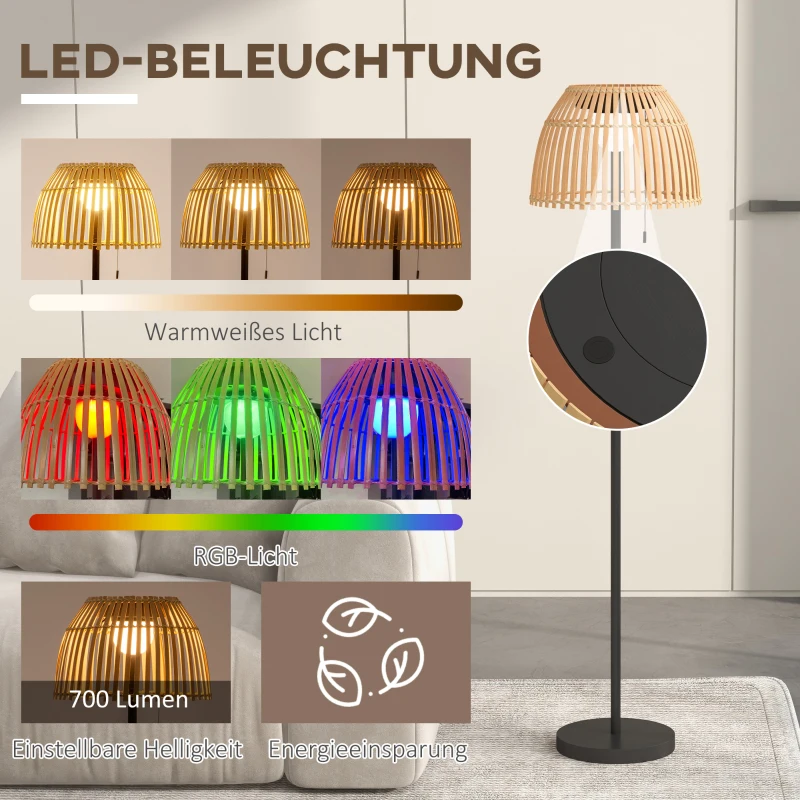 Outsunny Lampa podłogowa lampa stojąca lampa designerska, oświetlenie LED, 3 poziomy jasności, bambus,  39 x 39 x 153 cm, naturalne