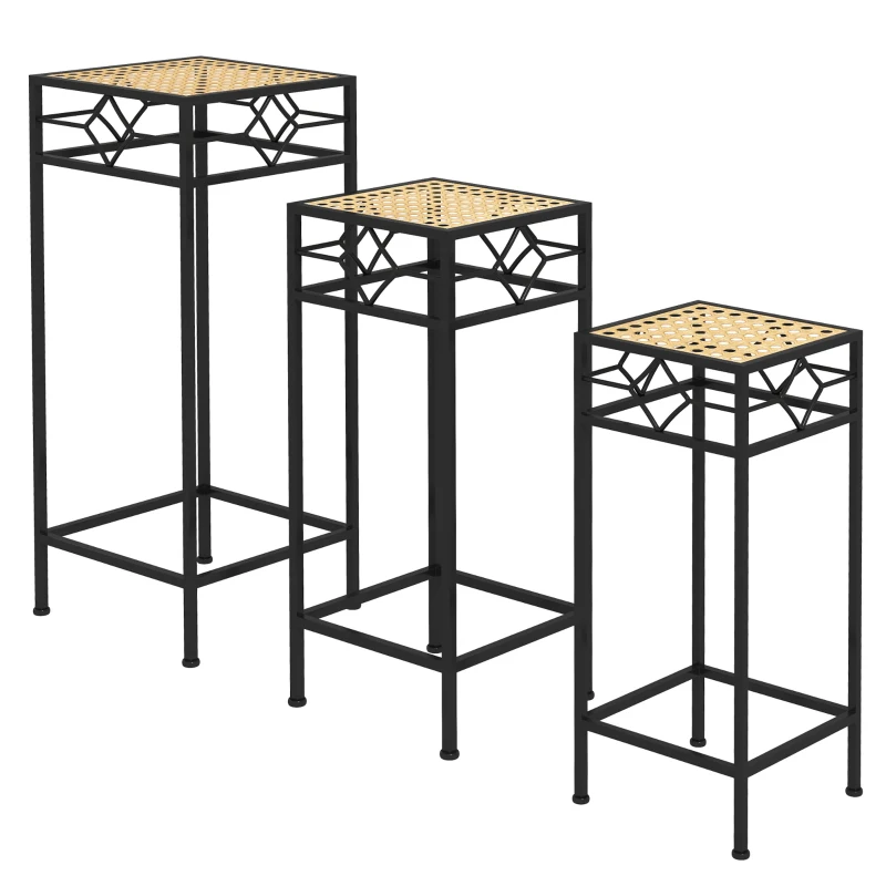 Outsunny Bloemenstandaard, set van 3, rond, stapelbaar, rotanlook, metalen poten, voor binnen en buiten, zwart/goud