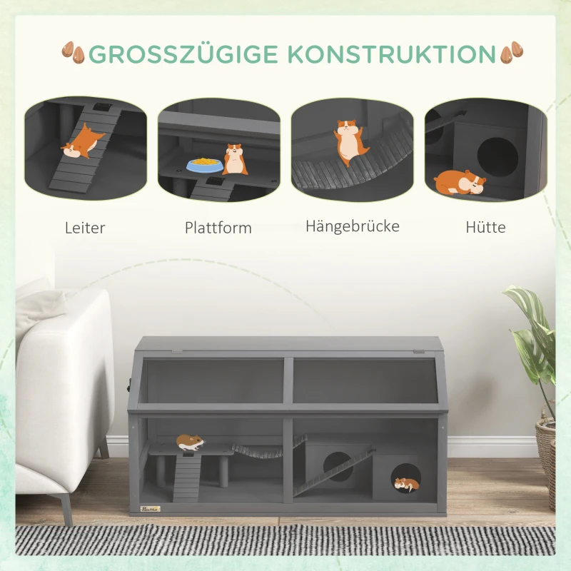 PawHut Klatka dla małych zwierząt z drewna, 100cm Domek dla gryzoni, Klatka dla małych zwierząt, Domek z huśtawką, Drabinki, Otwierany dach, Chatka, Ciemnoszary