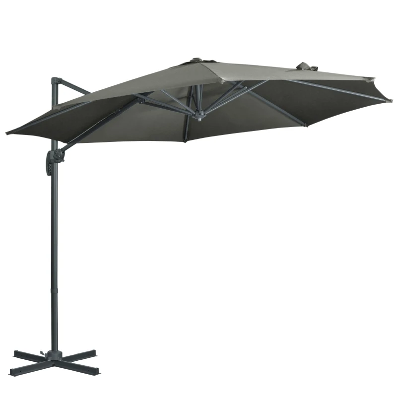 Outsunny Parasol przeciwsłoneczny z ramieniem, w zestawie z podstawą krzyżową, odporny na warunki atmosferyczne, 294 cm x 248 cm, Szary