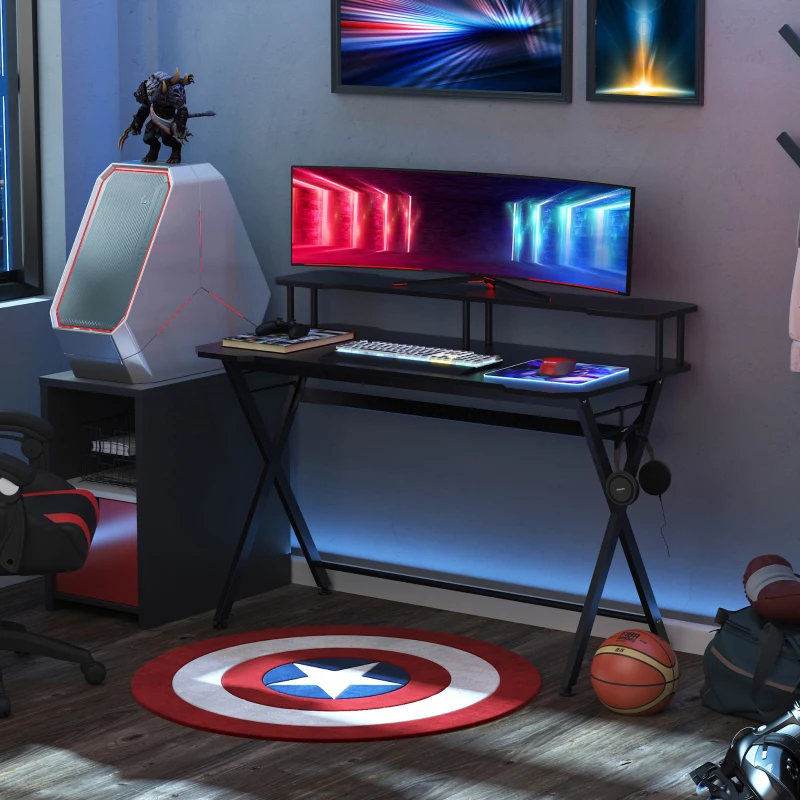 HOMCOM Bureau gaming bureau gamer bureau informatique bracket casque grand plateau MDF + étagère écran châssis métal noir