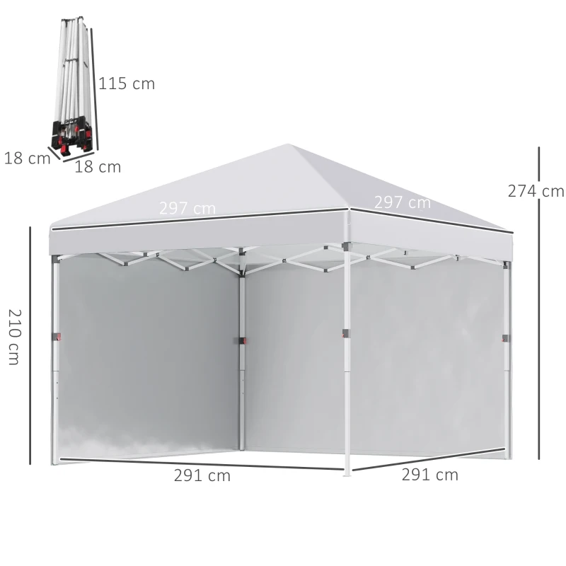 Outsunny Opvouwbare paviljoen met 2 zijwanden, verstelbare hoogte, inclusief draagtas, roestvrij stalen frame, 3x3 m, wit