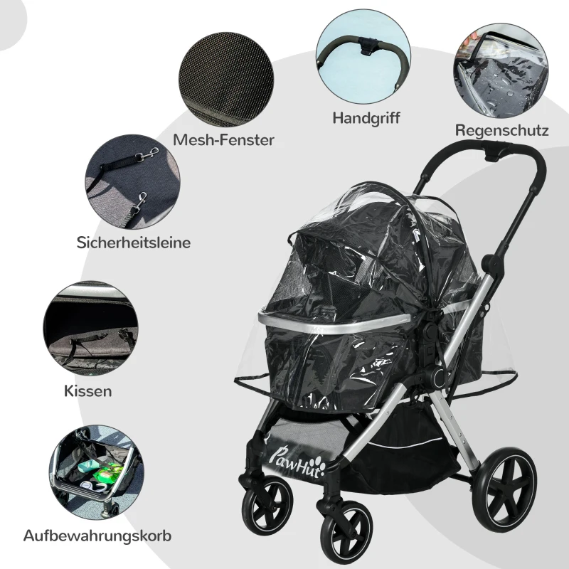 PawHut Hundewagen Hundebuggy, klappbar, 2 Sicherheitsleinen, Regenverdeck, 84 cm x 58 cm x 110 cm, Schwarz