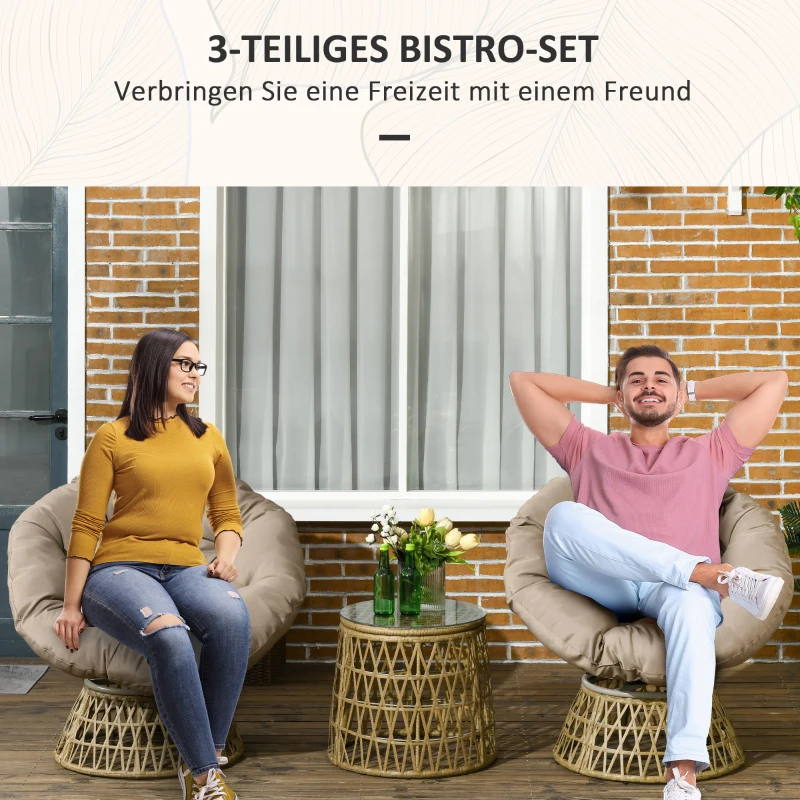 Outsunny Zestaw Bistro Balkonowy Zestaw Tarasowy, odporny na warunki atmosferyczne, zdejmowane poduszki, 85 cm x 70 cm x 82 cm, Naturalny + Jasnobrązowy