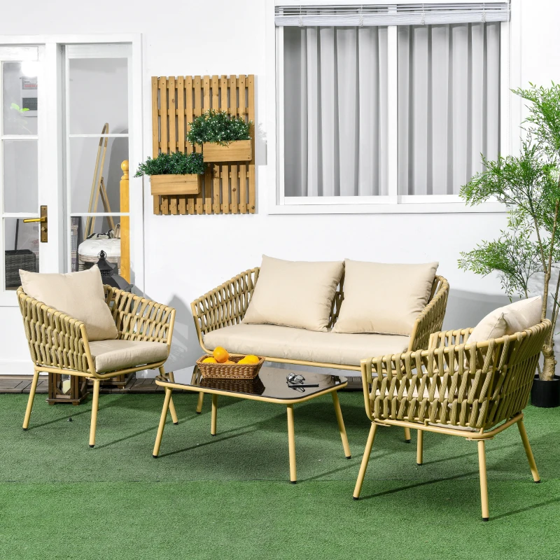 Outsunny Tuinmeubelset, 4-delig, decoratief rattandesign, tafel met glazen blad, inclusief zitkussen, weerbestendig, Khaki