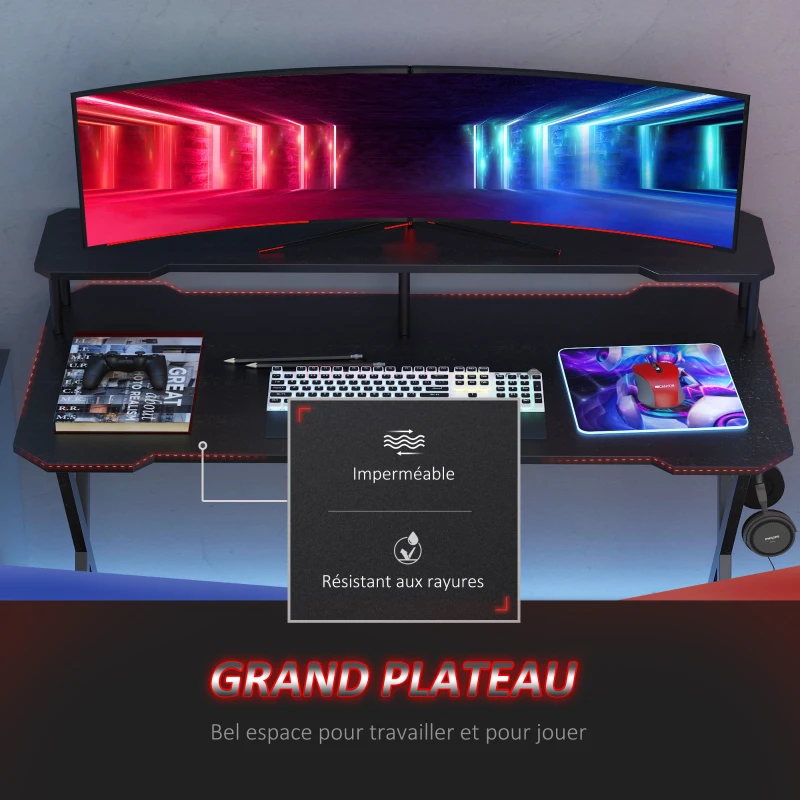 HOMCOM Bureau gaming bureau gamer bureau informatique bracket casque grand plateau MDF + étagère écran châssis métal noir