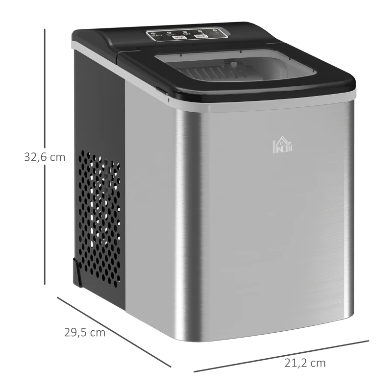 HOMCOM Maszyna do kostek lodu, producent kostek, dispenser do lodu, 1 koszyk na lód, 1 łopatka do lodu, 21,2 cm x 29,5 cm x 32,6 cm, Srebrna