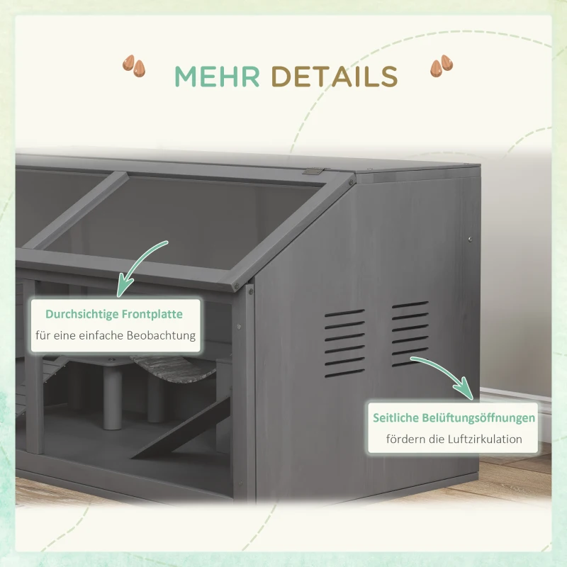 PawHut Klatka dla małych zwierząt z drewna, 100cm Domek dla gryzoni, Klatka dla małych zwierząt, Domek z huśtawką, Drabinki, Otwierany dach, Chatka, Ciemnoszary