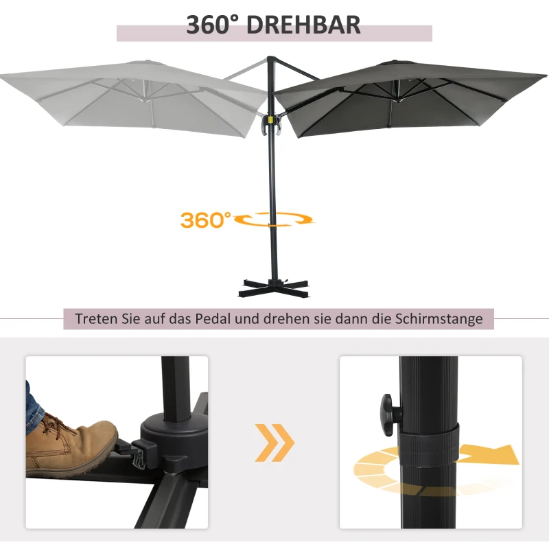 Outsunny Grijze Zweefparasol Tuinparasol, Kruisvoet, Kantelbaar, Weerbestendig, 245 cm x 245 cm x 245 cm