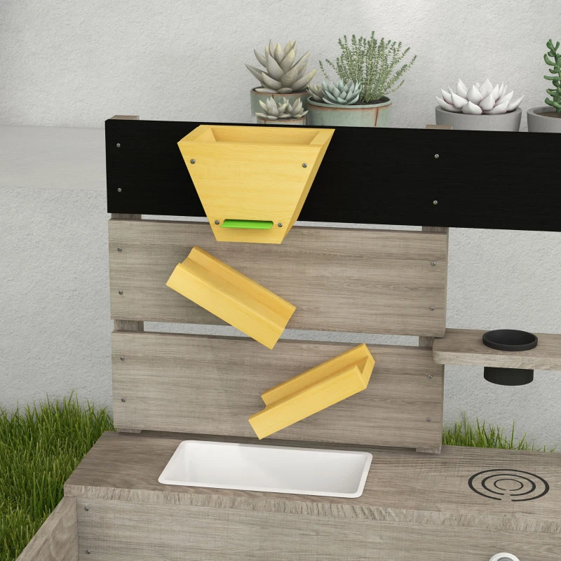 Outsunny Zandbak met speelkeuken, gootsteen, 2 plantenbakken, natuurlijk hout, 154x80x60cm, Grijs