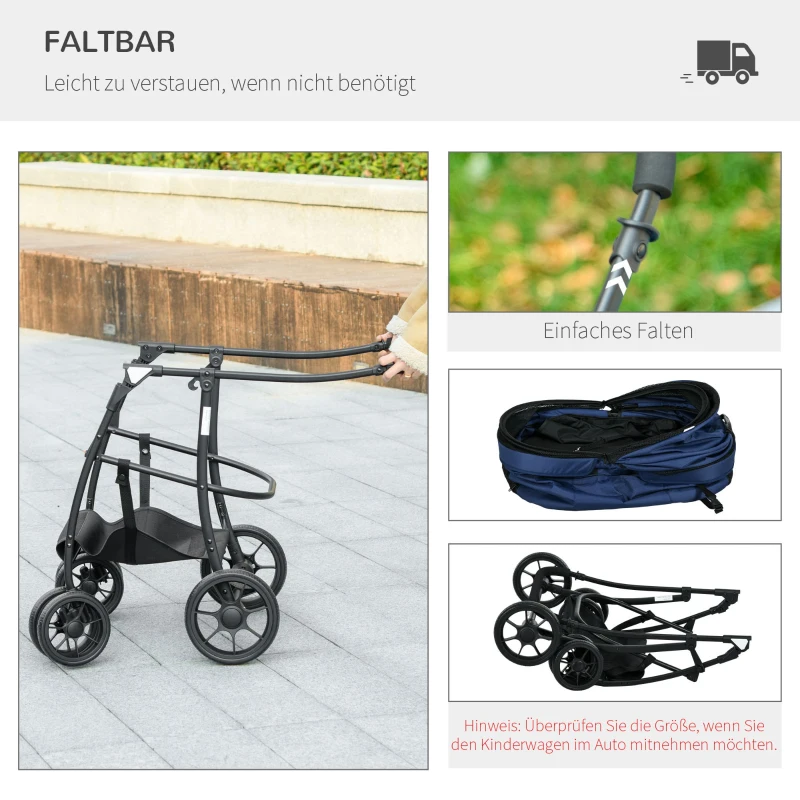 PawHut Hundewagen Hundebuggy bis 10 kg Klappbar Regenschutz, 2 Sicherheitsleinen 81x 68 x 98,5 cm Dunkelblau(m-5)
