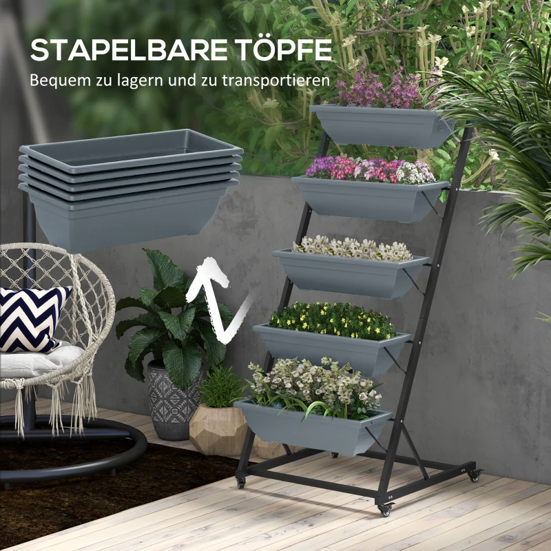Outsunny Stapelbare Plantentrap Bloemenstandaard Plantenbak, Weerbestendig, 65 x 67 x 145 cm, Grijs + Zwart