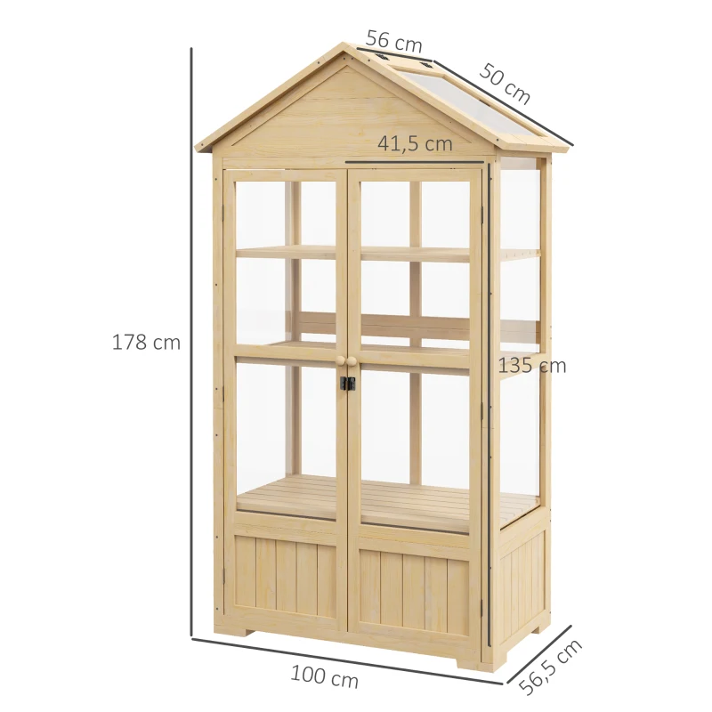 Outsunny Kas met Plank, Transparante Behuizing, Dakraam, Vergrendelbare Deur, Acryl, Houten Frame, 100x56,5x178 cm(m-3)