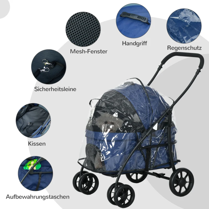 PawHut Hundewagen Hundebuggy bis 10 kg Klappbar Regenschutz, 2 Sicherheitsleinen 81x 68 x 98,5 cm Dunkelblau(m-7)