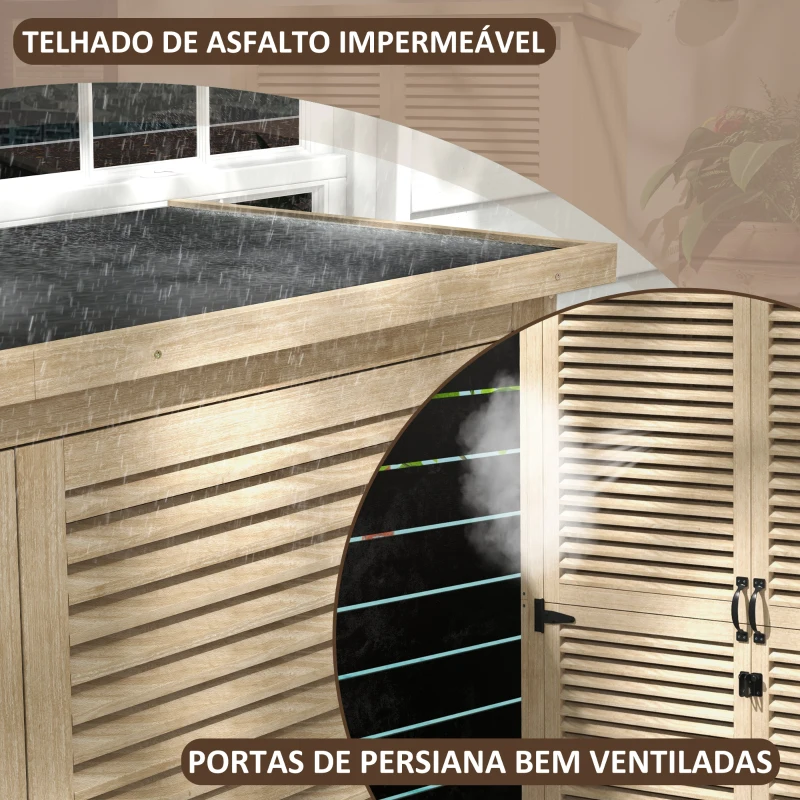 Outsunny Armário de Jardim de Madeira 0,83 m² 127x65x168 cm com 2 Portas de Persiana 2 Prateleiras 2 Alças e Telhado Impermeável Natural