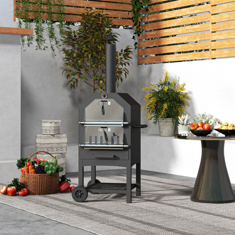Outsunny 2-in-1 Buitenhoutoven voor Pizza, met Pizzasteen, Aslade, 2x Grillrooster, Thermometer, Roestvrij, Zwart