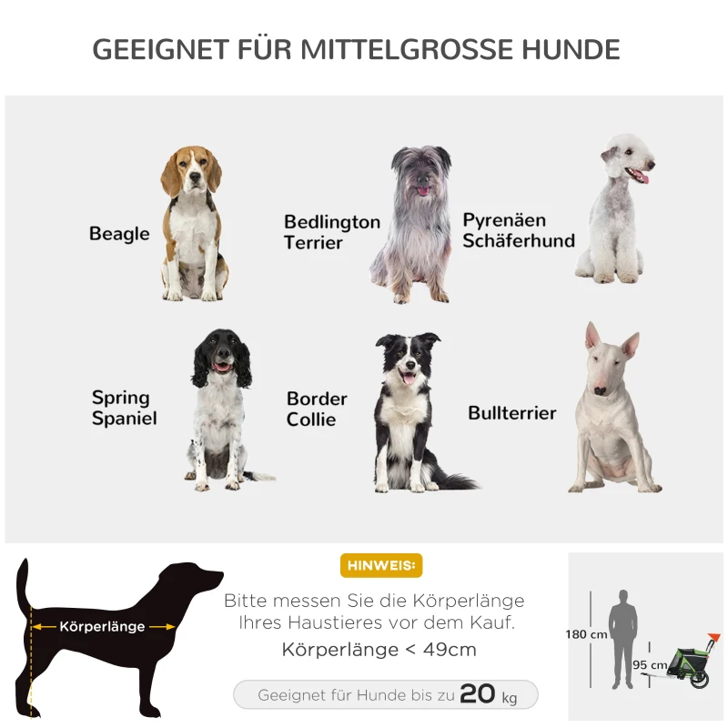 PawHut 2-in-1 Hundebuggy Hundejogger Fahrradanhänger bis 20kg 2 Reflektoren 1 Sicherheitsleine 150 x 68 x 95 cm Grün(m-4)