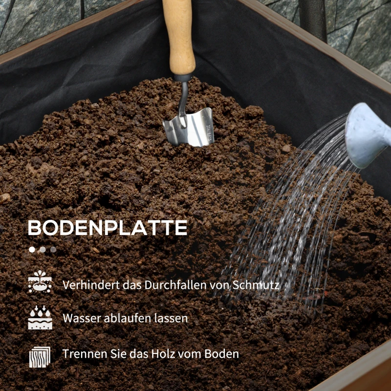 Outsunny Wysoka grządka, 3 skrzynki na kwiaty, odporna na warunki atmosferyczne, otwory odpływowe, wyściółka wewnętrzna, rama z naturalnego drewna, 108 x 80 x 140 cm