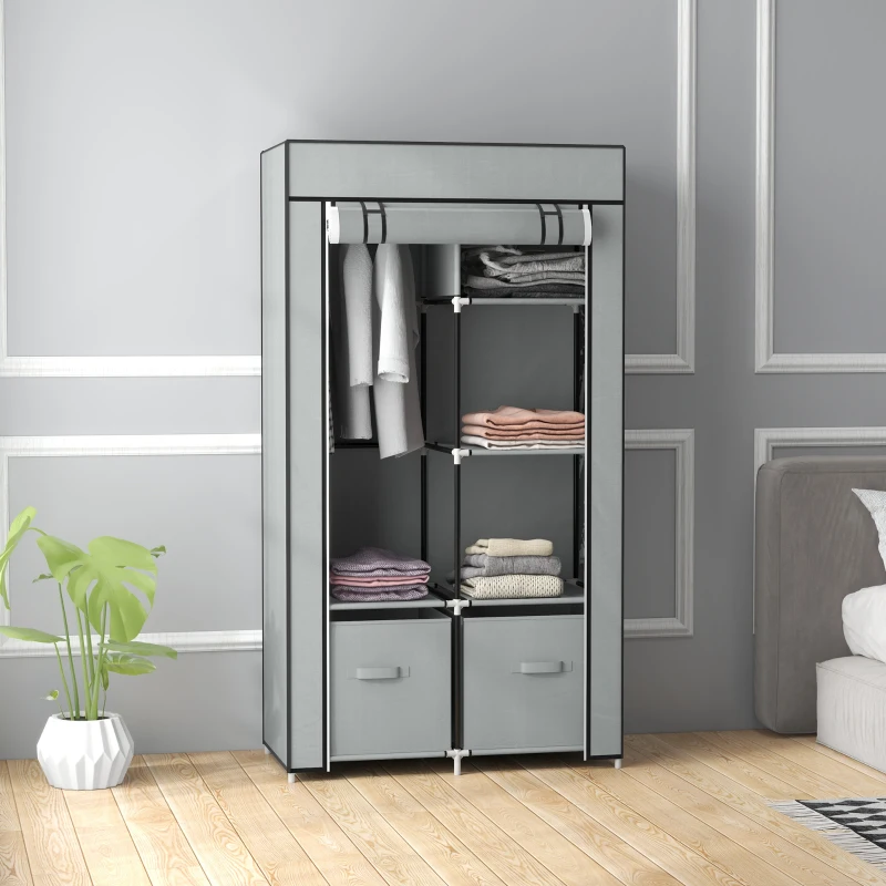 HOMCOM Fabric Wardrobe Wardrobe 1 Clothes Rail, 2 Drawers, 83 x 42.5 x 162.5 cm, Gray