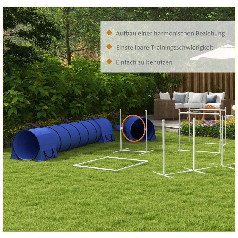 PawHut Honden-Agility-Set Hondenparcours, 1 ring, 2 tunnels, 2 hindernissen, 321 cm x 63 cm x 93 cm, Blauw + Rood + Wit(m-6)