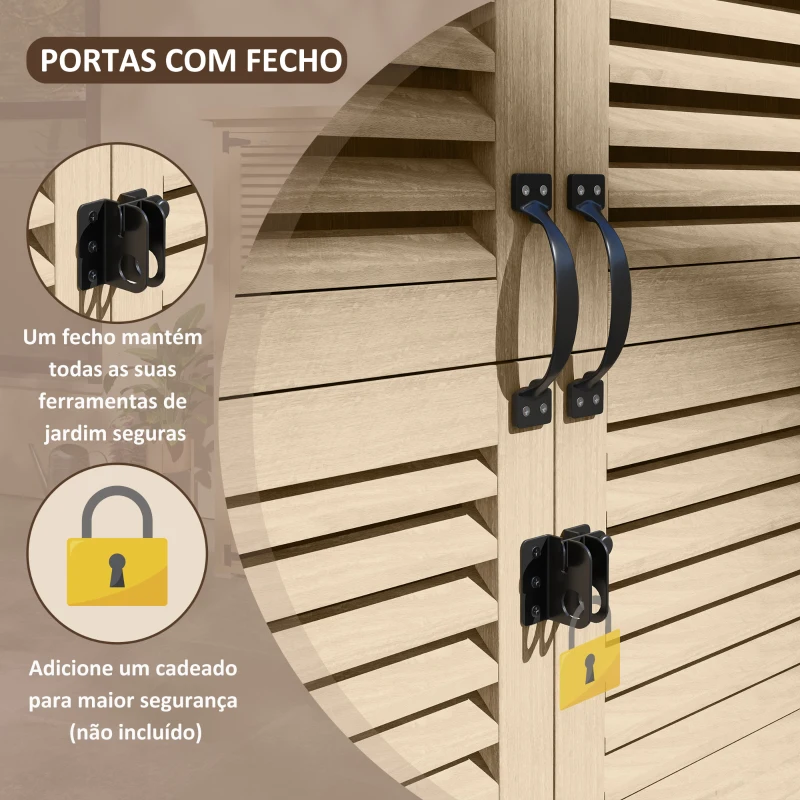 Outsunny Armário de Jardim de Madeira 0,83 m² 127x65x168 cm com 2 Portas de Persiana 2 Prateleiras 2 Alças e Telhado Impermeável Natural