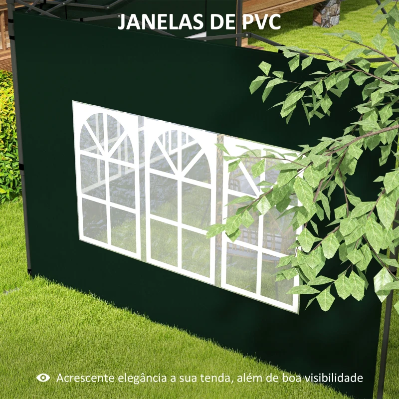 Outsunny Conjunto de 2 Paredes Laterais para Tendas de 3x3m e 3x6m Paredes Laterais com Janelas Transparentes 293x193cm Verde Escuro