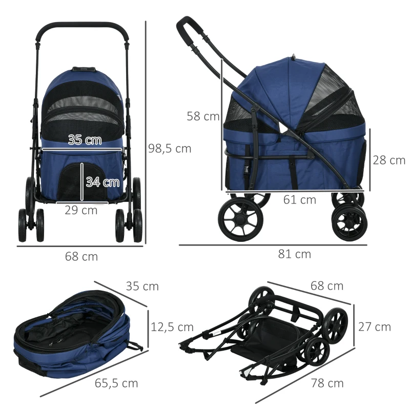 PawHut Hundewagen Hundebuggy bis 10 kg Klappbar Regenschutz, 2 Sicherheitsleinen 81x 68 x 98,5 cm Dunkelblau(m-3)