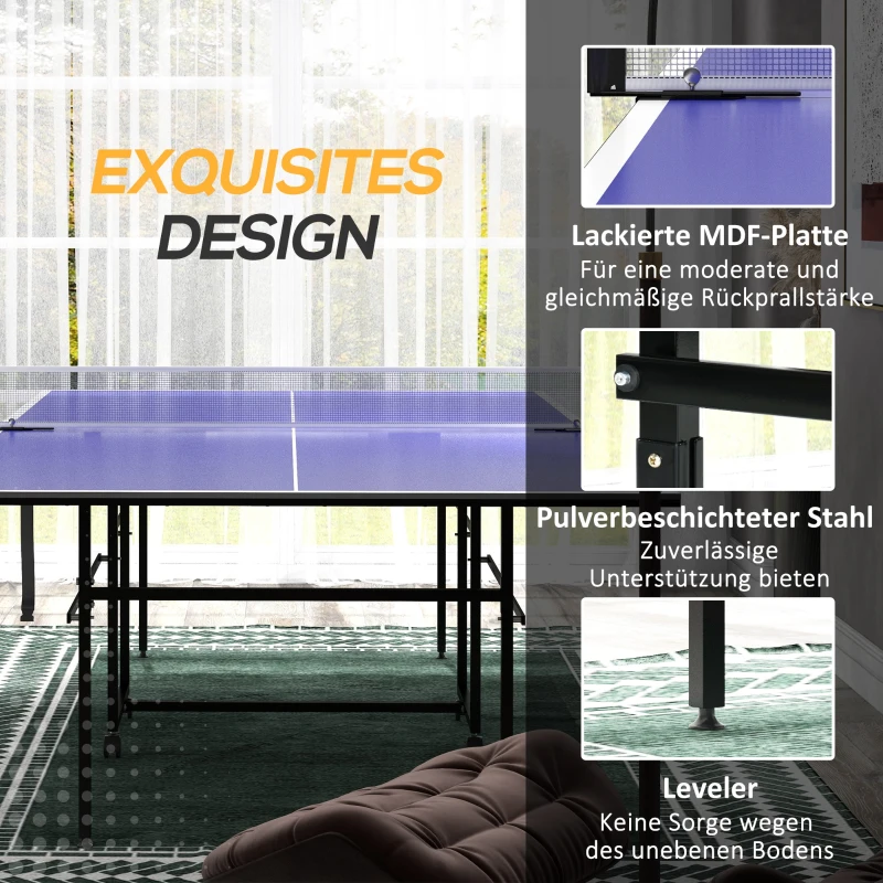 SPORTNOW Stół do tenisa stołowego, składany, przenośny, 2 rakiety, 3 piłki, rama metalowa, 274x152,5x76 cm, Niebieski