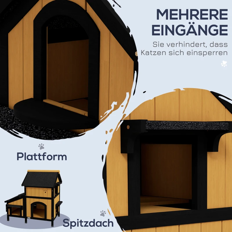 PawHut Dom dla kotów z drewna sosnowego, z wieloma wejściami, 2 poziomami, kocia jaskinia na zewnątrz, domek dla małych zwierząt z dachem asfaltowym, żółty, 96 x 65 x 85,5 cm
